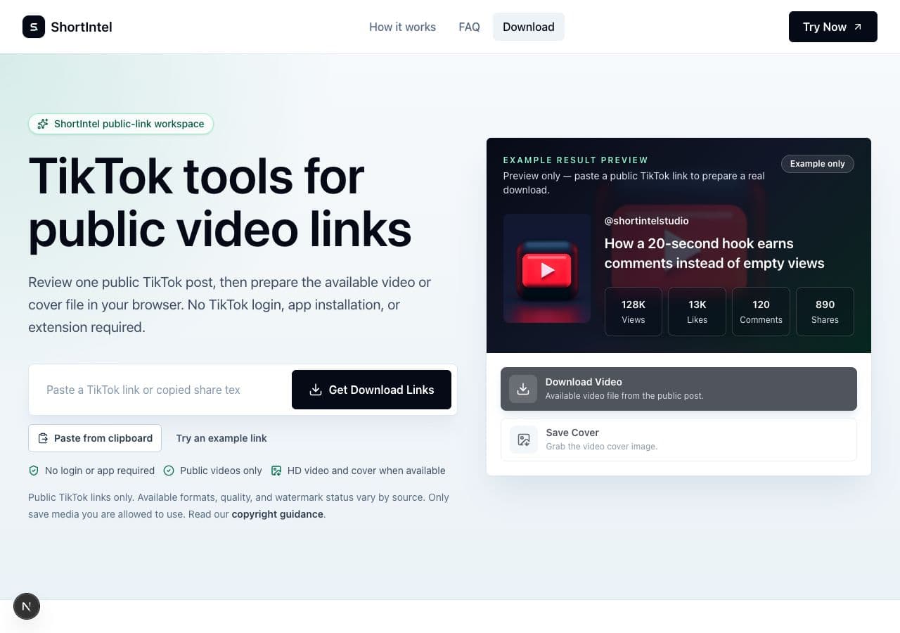 ShortIntel desktop link field and Analyze Video button